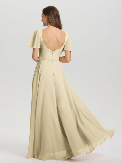 A-Line Square Neck Short Ruffle Sleeves Floor Length Chiffon Bridesmaid Dress