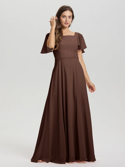 A-Line Square Neck Short Ruffle Sleeves Floor Length Chiffon Bridesmaid Dress