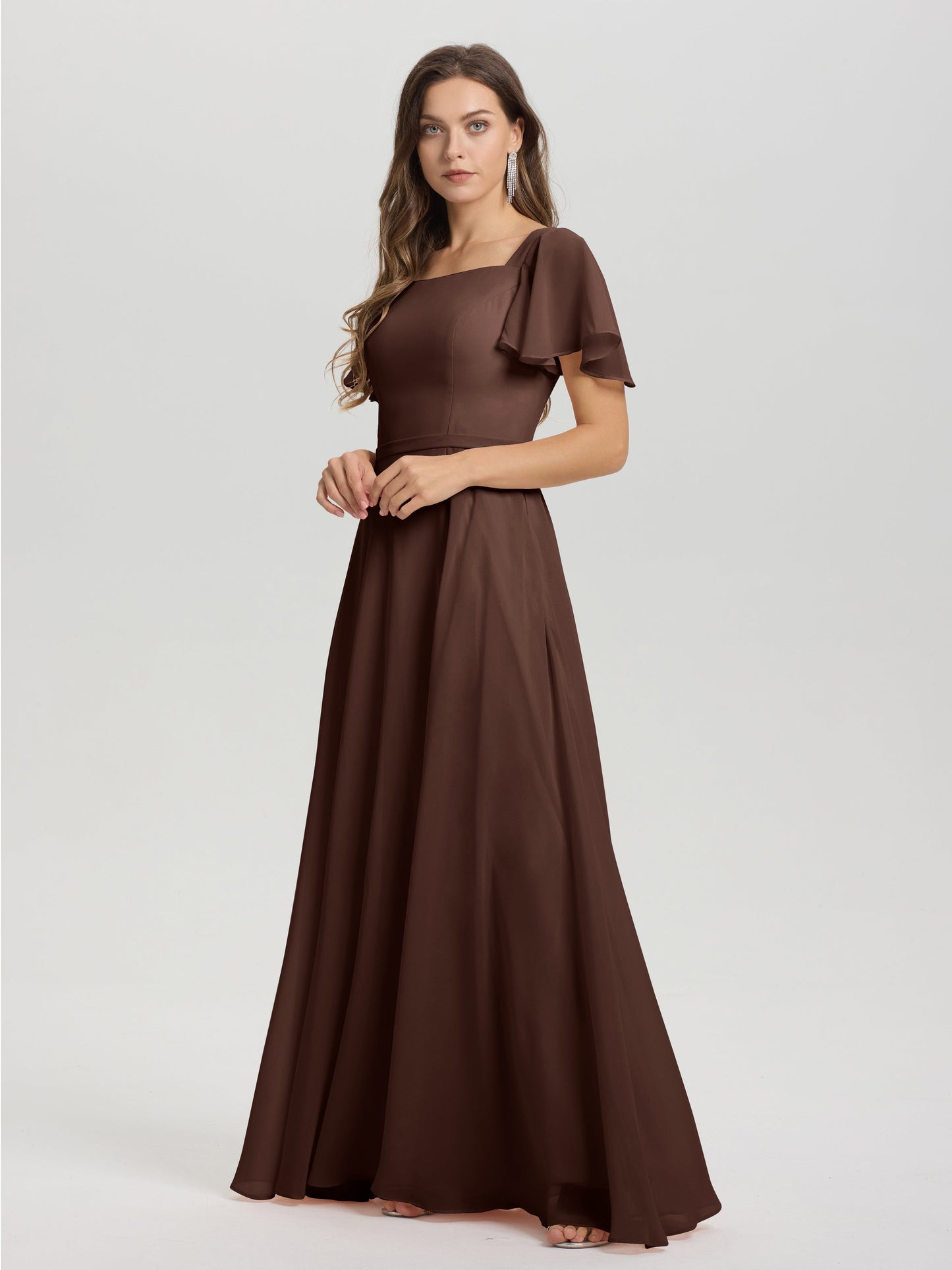 A-Line Square Neck Short Ruffle Sleeves Floor Length Chiffon Bridesmaid Dress