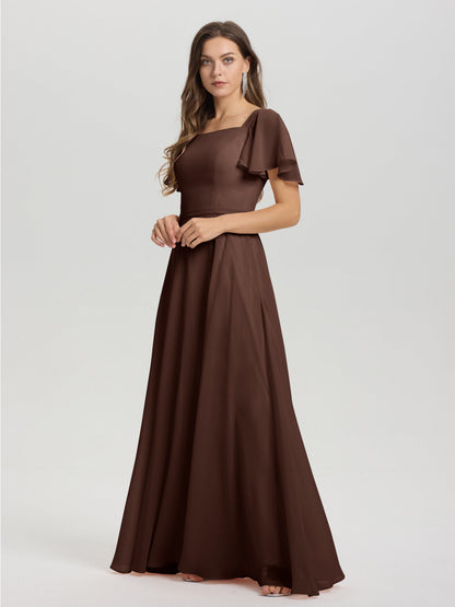 A-Line Square Neck Short Ruffle Sleeves Floor Length Chiffon Bridesmaid Dress