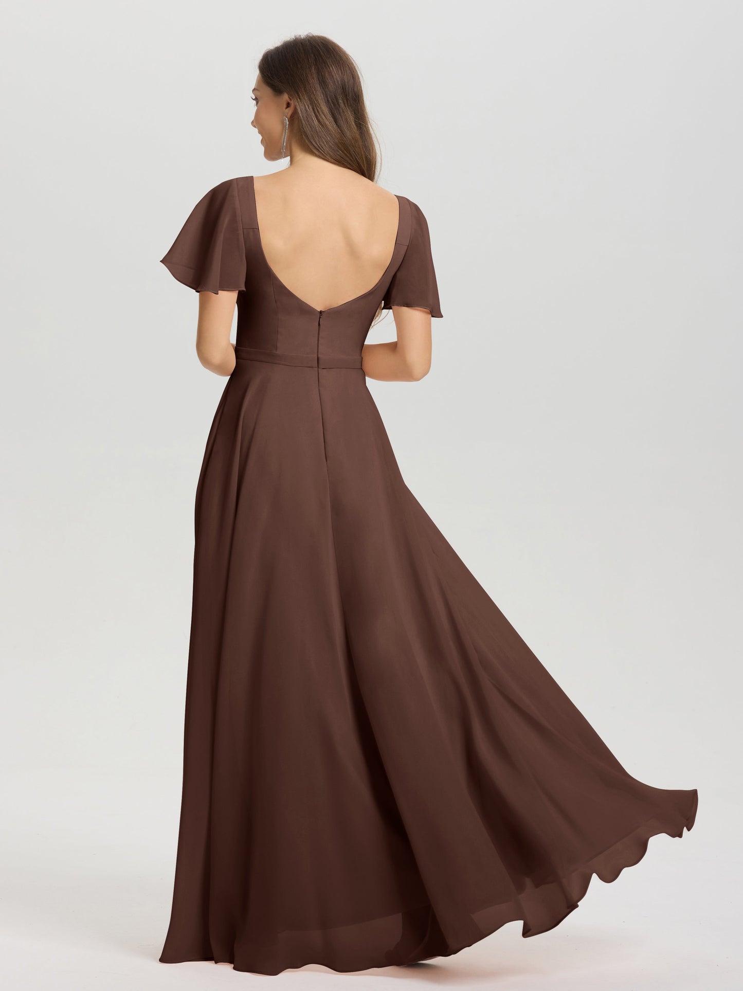 A-Line Square Neck Short Ruffle Sleeves Floor Length Chiffon Bridesmaid Dress