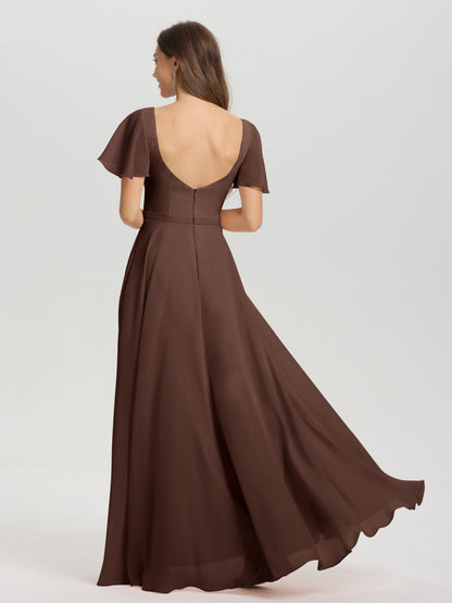 A-Line Square Neck Short Ruffle Sleeves Floor Length Chiffon Bridesmaid Dress