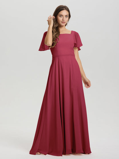 A-Line Square Neck Short Ruffle Sleeves Floor Length Chiffon Bridesmaid Dress