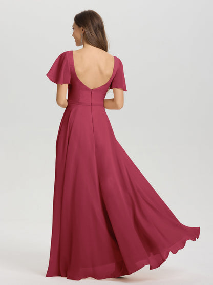 A-Line Square Neck Short Ruffle Sleeves Floor Length Chiffon Bridesmaid Dress