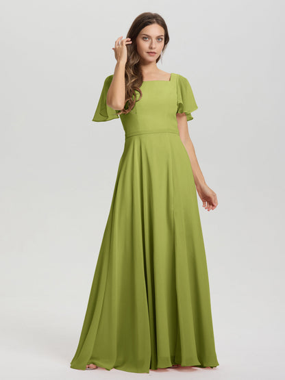 A-Line Square Neck Short Ruffle Sleeves Floor Length Chiffon Bridesmaid Dress