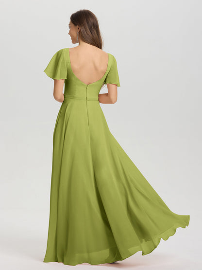 A-Line Square Neck Short Ruffle Sleeves Floor Length Chiffon Bridesmaid Dress