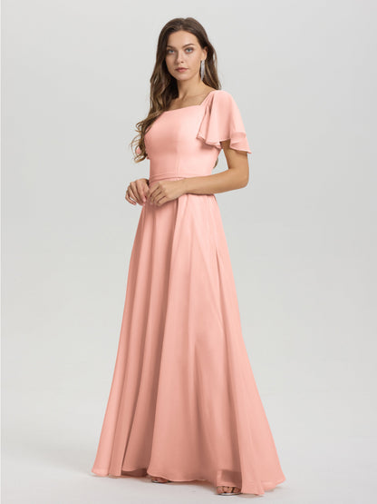 A-Line Square Neck Short Ruffle Sleeves Floor Length Chiffon Bridesmaid Dress