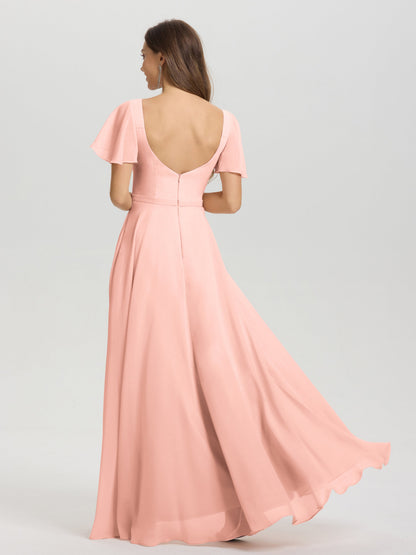 A-Line Square Neck Short Ruffle Sleeves Floor Length Chiffon Bridesmaid Dress