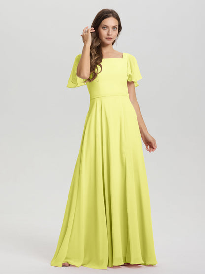 A-Line Square Neck Short Ruffle Sleeves Floor Length Chiffon Bridesmaid Dress
