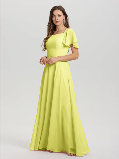 A-Line Square Neck Short Ruffle Sleeves Floor Length Chiffon Bridesmaid Dress