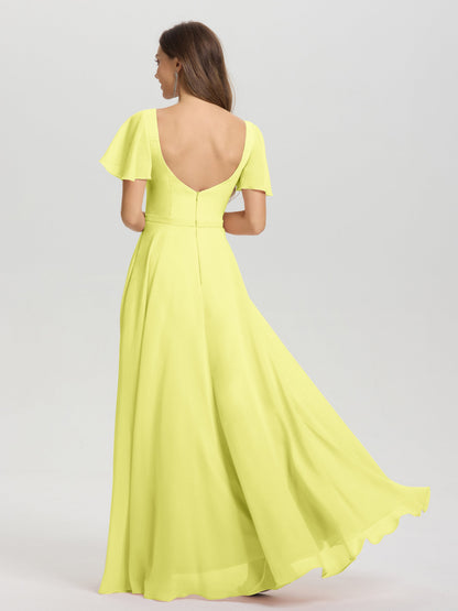A-Line Square Neck Short Ruffle Sleeves Floor Length Chiffon Bridesmaid Dress