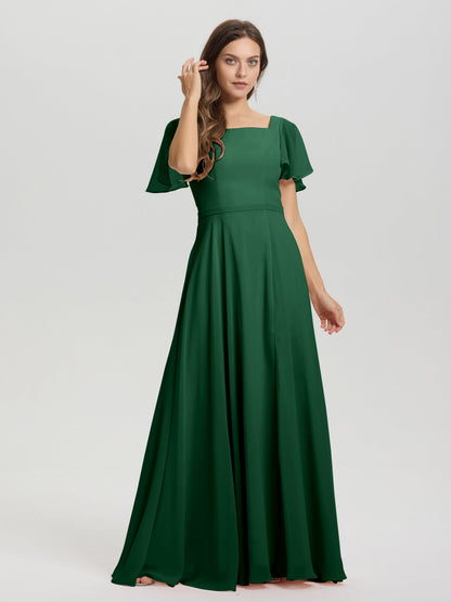 A-Line Square Neck Short Ruffle Sleeves Floor Length Chiffon Bridesmaid Dress