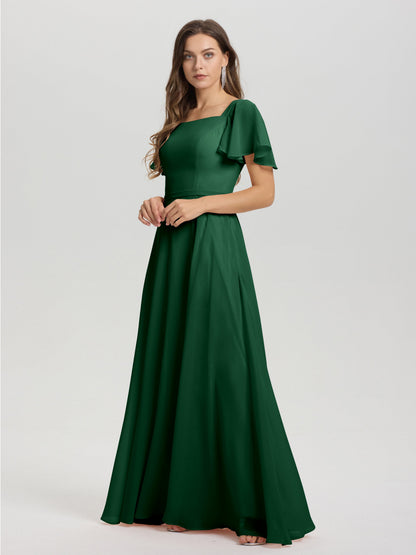 A-Line Square Neck Short Ruffle Sleeves Floor Length Chiffon Bridesmaid Dress