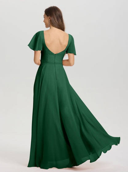 A-Line Square Neck Short Ruffle Sleeves Floor Length Chiffon Bridesmaid Dress