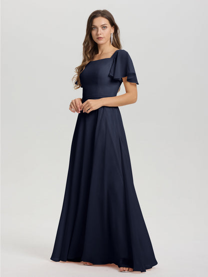 A-Line Square Neck Short Ruffle Sleeves Floor Length Chiffon Bridesmaid Dress