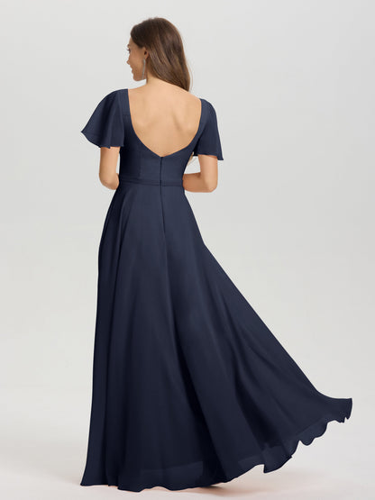 A-Line Square Neck Short Ruffle Sleeves Floor Length Chiffon Bridesmaid Dress