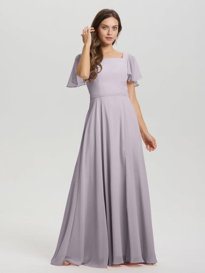 A-Line Square Neck Short Ruffle Sleeves Floor Length Chiffon Bridesmaid Dress