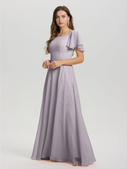 A-Line Square Neck Short Ruffle Sleeves Floor Length Chiffon Bridesmaid Dress