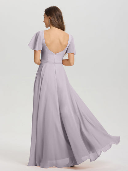 A-Line Square Neck Short Ruffle Sleeves Floor Length Chiffon Bridesmaid Dress