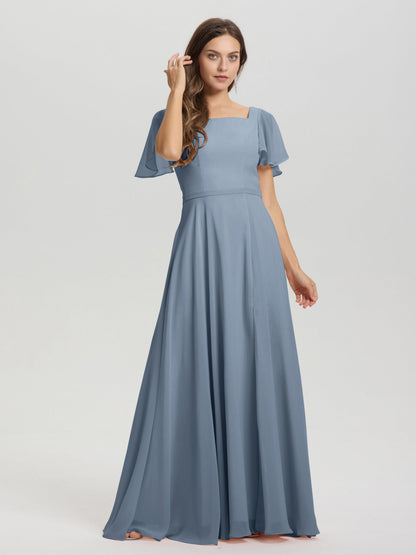 A-Line Square Neck Short Ruffle Sleeves Floor Length Chiffon Bridesmaid Dress