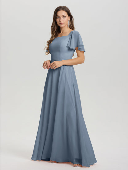 A-Line Square Neck Short Ruffle Sleeves Floor Length Chiffon Bridesmaid Dress
