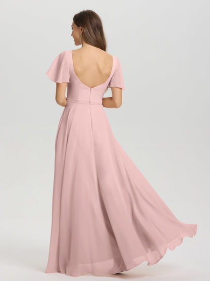 A-Line Square Neck Short Ruffle Sleeves Floor Length Chiffon Bridesmaid Dress