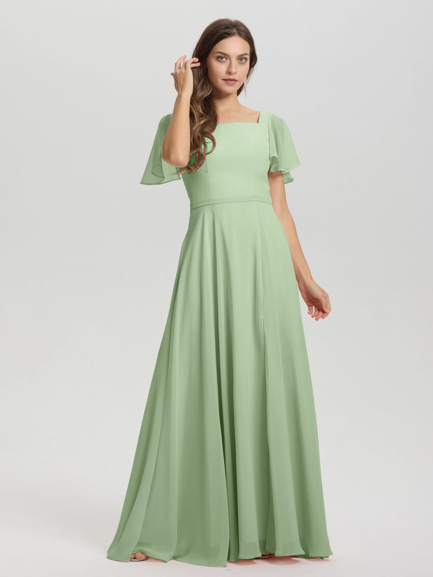 A-Line Square Neck Short Ruffle Sleeves Floor Length Chiffon Bridesmaid Dress