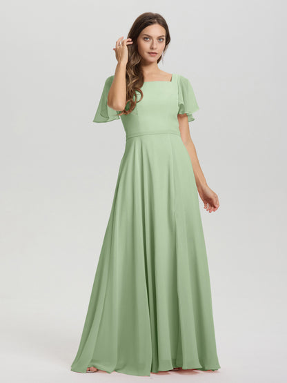 A-Line Square Neck Short Ruffle Sleeves Floor Length Chiffon Bridesmaid Dress