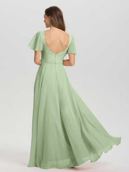 A-Line Square Neck Short Ruffle Sleeves Floor Length Chiffon Bridesmaid Dress