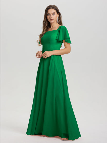 A-Line Square Neck Short Ruffle Sleeves Floor Length Chiffon Bridesmaid Dress