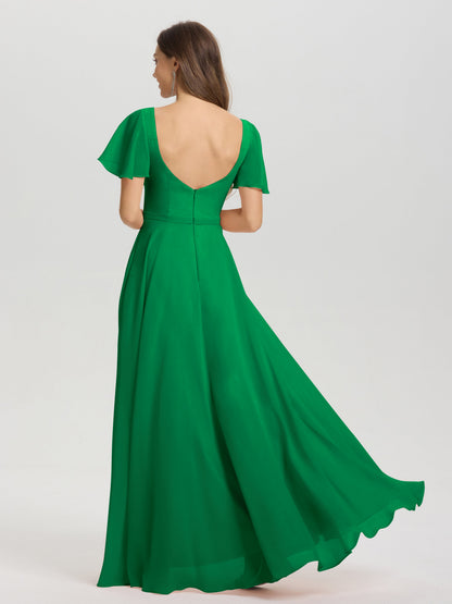 A-Line Square Neck Short Ruffle Sleeves Floor Length Chiffon Bridesmaid Dress