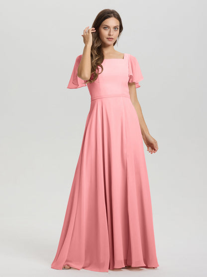 A-Line Square Neck Short Ruffle Sleeves Floor Length Chiffon Bridesmaid Dress