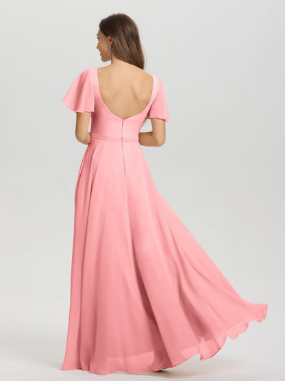 A-Line Square Neck Short Ruffle Sleeves Floor Length Chiffon Bridesmaid Dress
