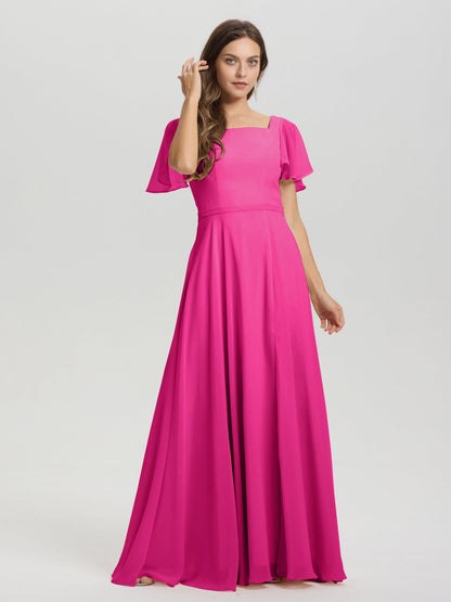 A-Line Square Neck Short Ruffle Sleeves Floor Length Chiffon Bridesmaid Dress