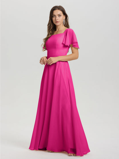 A-Line Square Neck Short Ruffle Sleeves Floor Length Chiffon Bridesmaid Dress