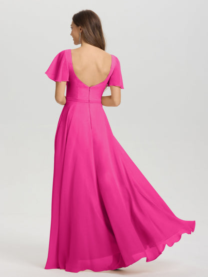 A-Line Square Neck Short Ruffle Sleeves Floor Length Chiffon Bridesmaid Dress