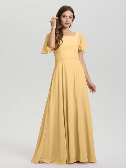 A-Line Square Neck Short Ruffle Sleeves Floor Length Chiffon Bridesmaid Dress