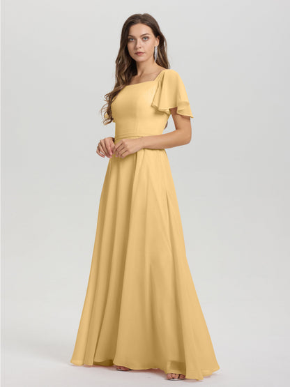 A-Line Square Neck Short Ruffle Sleeves Floor Length Chiffon Bridesmaid Dress