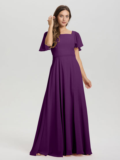 A-Line Square Neck Short Ruffle Sleeves Floor Length Chiffon Bridesmaid Dress
