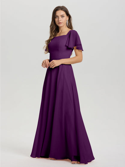 A-Line Square Neck Short Ruffle Sleeves Floor Length Chiffon Bridesmaid Dress
