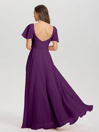 A-Line Square Neck Short Ruffle Sleeves Floor Length Chiffon Bridesmaid Dress