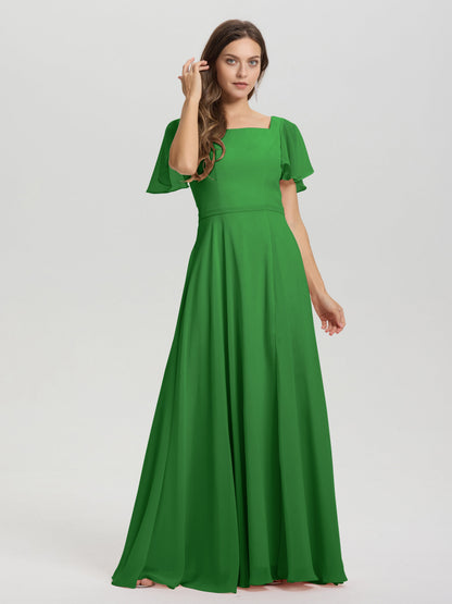 A-Line Square Neck Short Ruffle Sleeves Floor Length Chiffon Bridesmaid Dress