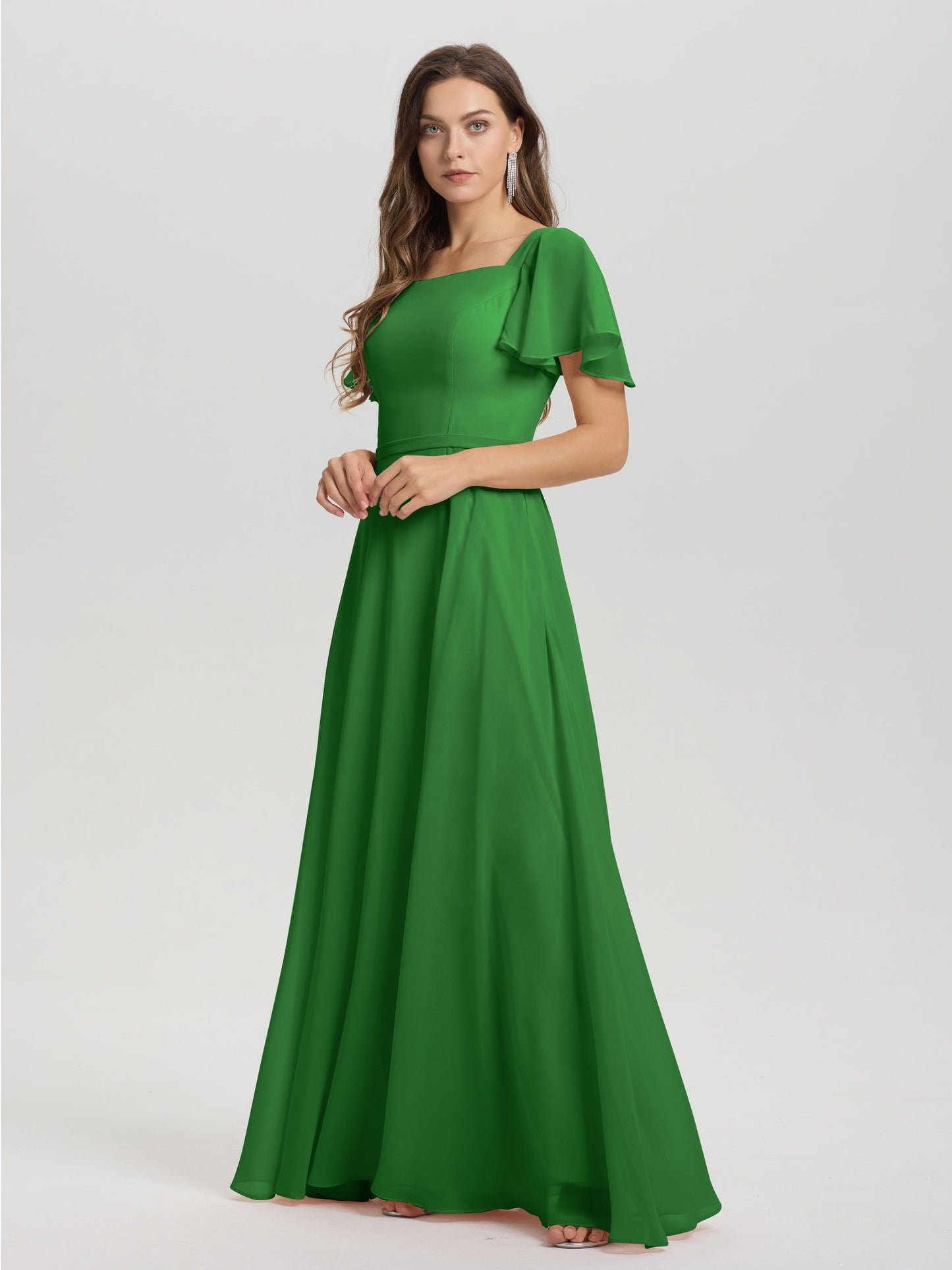 A-Line Square Neck Short Ruffle Sleeves Floor Length Chiffon Bridesmaid Dress