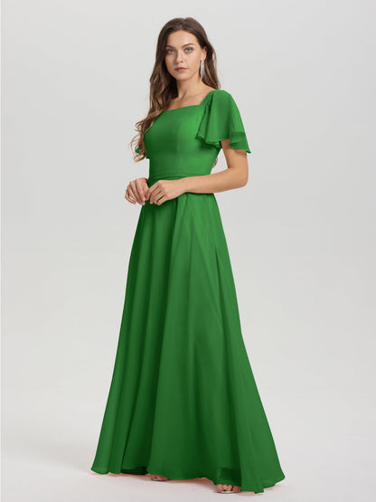 A-Line Square Neck Short Ruffle Sleeves Floor Length Chiffon Bridesmaid Dress