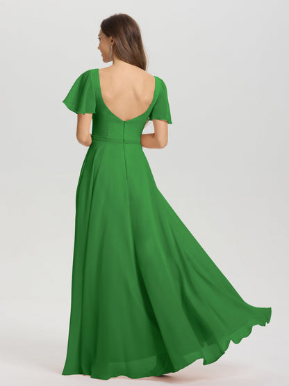 A-Line Square Neck Short Ruffle Sleeves Floor Length Chiffon Bridesmaid Dress