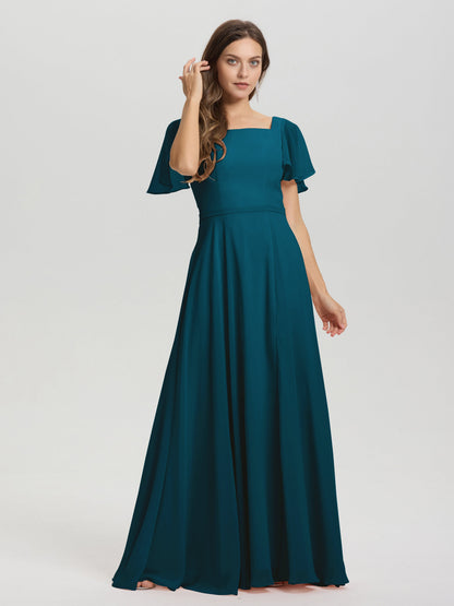 A-Line Square Neck Short Ruffle Sleeves Floor Length Chiffon Bridesmaid Dress