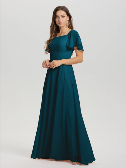 A-Line Square Neck Short Ruffle Sleeves Floor Length Chiffon Bridesmaid Dress