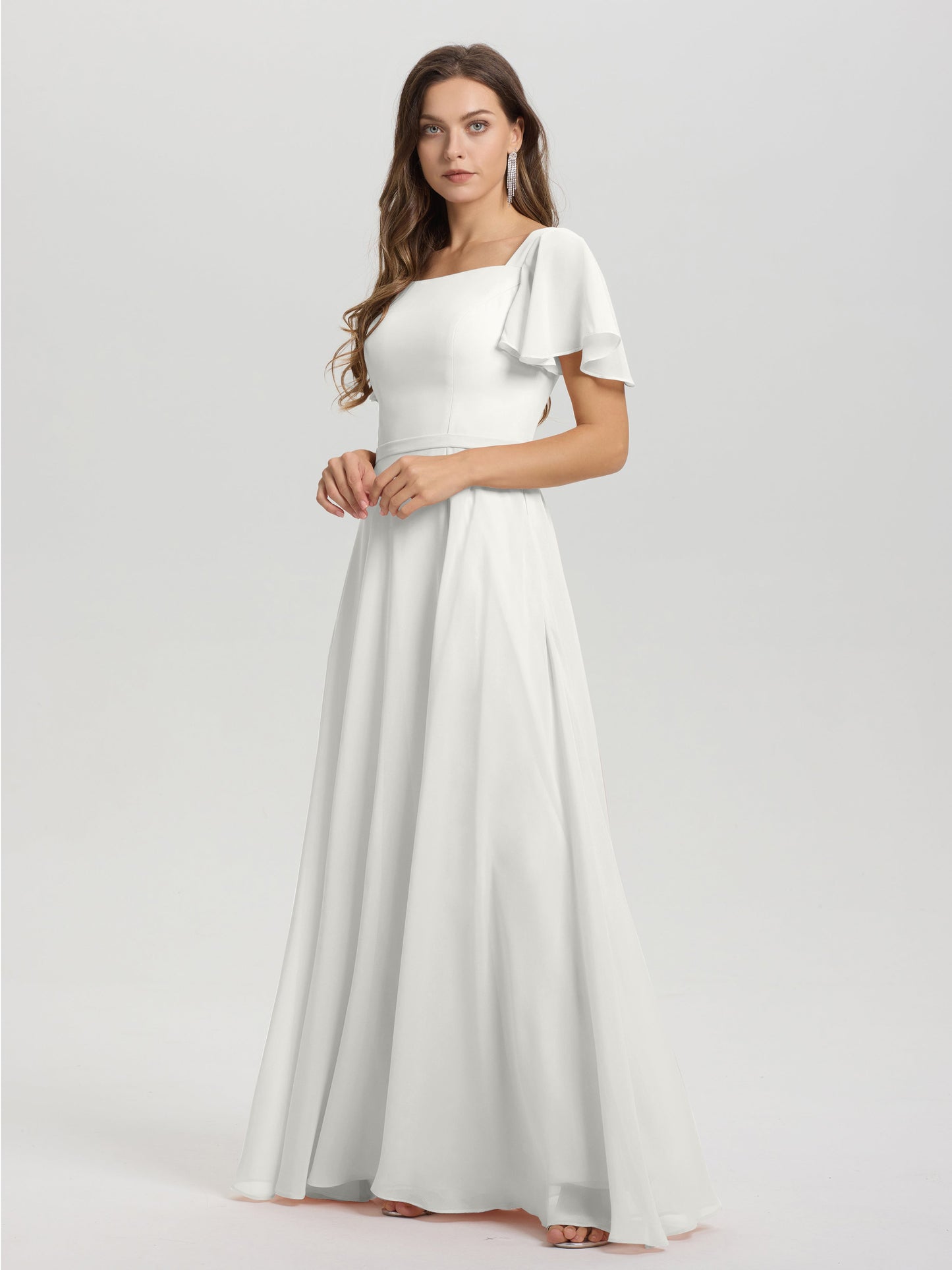 A-Line Square Neck Short Ruffle Sleeves Floor Length Chiffon Bridesmaid Dress