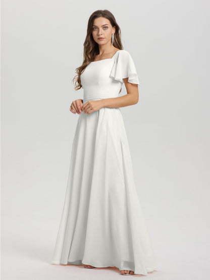 A-Line Square Neck Short Ruffle Sleeves Floor Length Chiffon Bridesmaid Dress