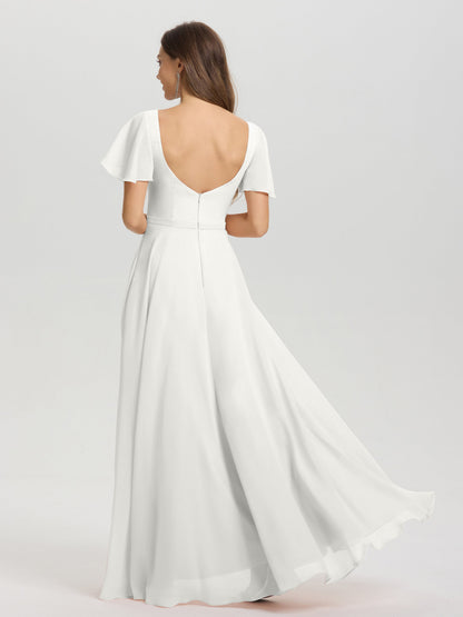 A-Line Square Neck Short Ruffle Sleeves Floor Length Chiffon Bridesmaid Dress